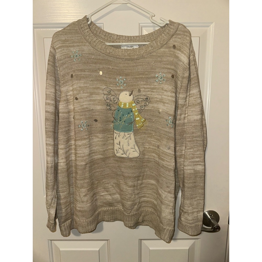 CJ Banks Sweater Womens 2X Tan Snowman Angel Sequin Metallic Holiday Pullover